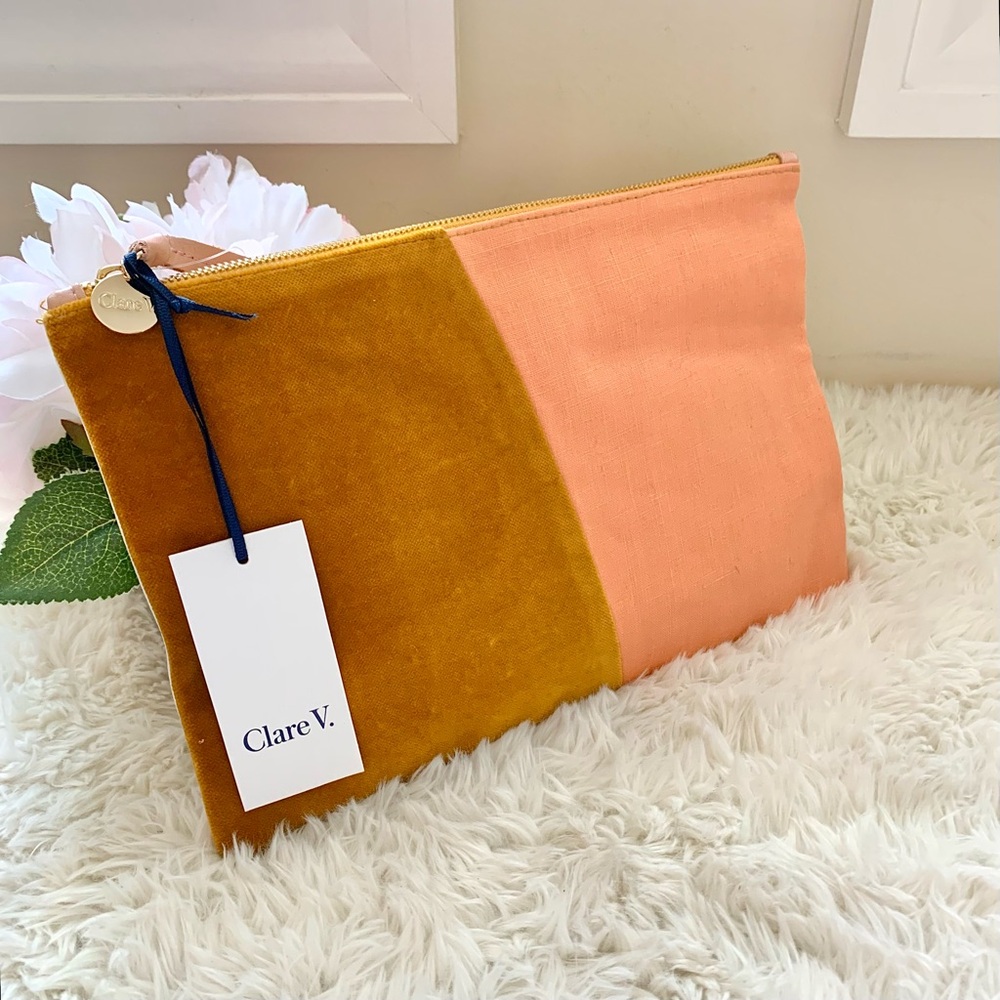 NEW Clare V. Leather Velvet Clutch in Tahiti Tan Coral /  Yellow White NWT